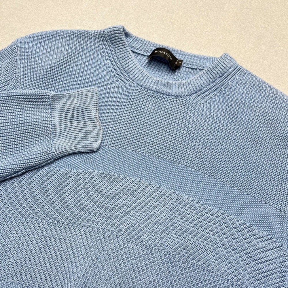 Bugatchi Mens Air Blue Textured Mixed Knit Cotton Crewneck‎ Sweater CH511CN1 L